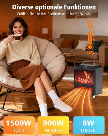 Електричний обігрівач 1500W з термостатом та таймером, тихий (34dB), захист від перегріву та перекидання, з пультком, чорний та срібний