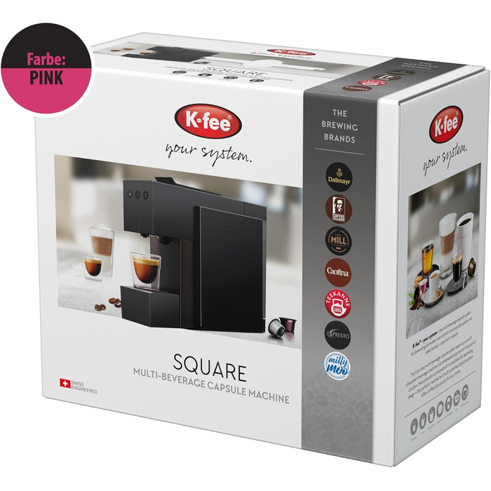 Капсульна кавомашина K-fee SQUARE для кави, чаю та какао, компактна, швидкий нагрів, резервуар 0,8 л, тиск 19 бар, рожева