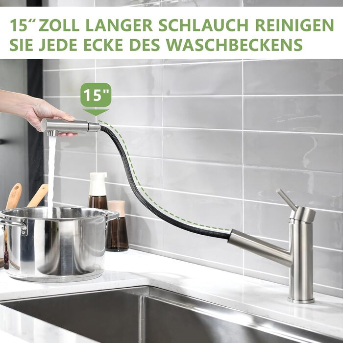 Кухонний змішувач AIMADI висувний чорного кольору з 3-ма режимами, душовою насадкою, шлангом 38 см, однорідний змішувач для холодної та гарячої води, підходить для раковини та кухонного острова. Змішувач для кухні з водоспадом, чорний (з матовою обробкою)