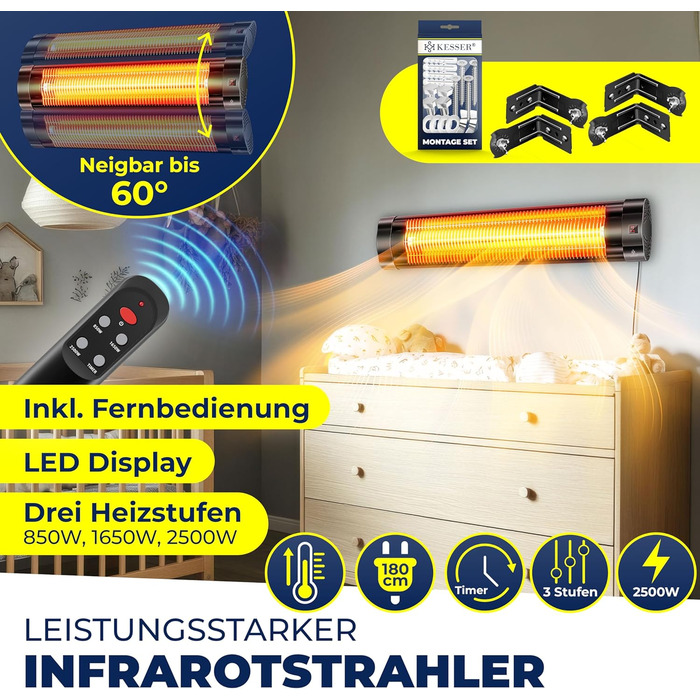 Інфрачервовий обігрівач KESSER® 2500W з пультом, 3 режими, швидкий нагрів, кріплення на стіну, для тераси, кварцовий, з захисним чохлом, таймер - антрацит (чорний)