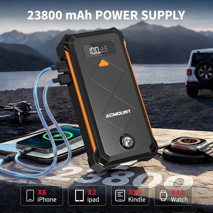 Powerbank для автомобіля Starthilfe 7000A 23800mAh помаранчевий - пусковий пристрій, зарядний пристрій, ліхтарик LED для авто, мото, бензин/дизель