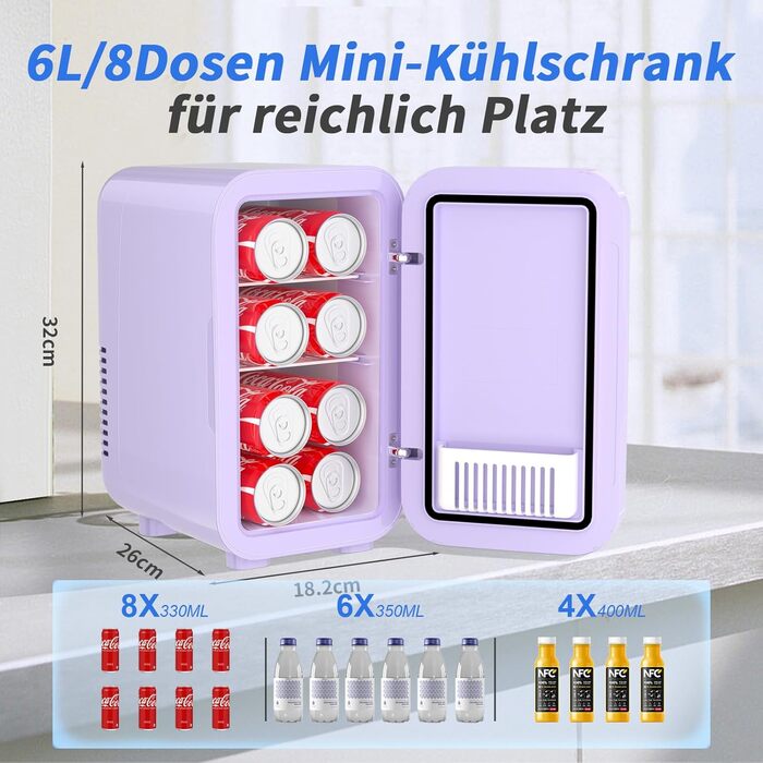 YASHE Mini Fridge - 6 Liter / 8 Can Portable Cooler - Thermoelectric Cooler for Bedroom, Skincare, Drinks, Office, Dorm & Car (Purple)