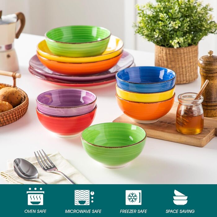 Vancasso Dessert Bowls, Stoneware, BONITA 6-Piece Bowl Set, 12Oz Salad Bowl, Bowl Set, Ice Cream Bowls, Ceramic Dipping Bowls, Colorful