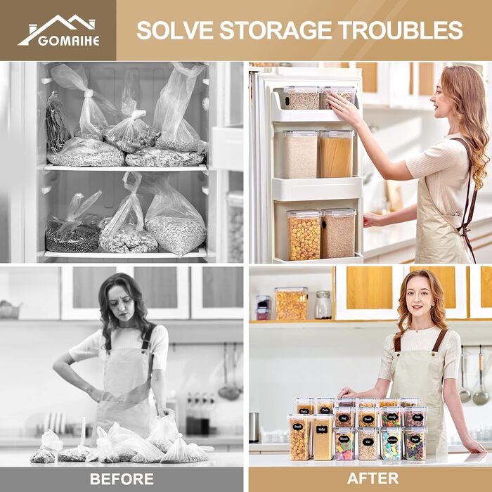 Набір контейнерів для зберігання GoMaihe (16 шт.) - чорний. Контейнери для продуктів з кришкою, герметичні, з пластику. Органайзер для кухні, для круп, борошна, цукру.
