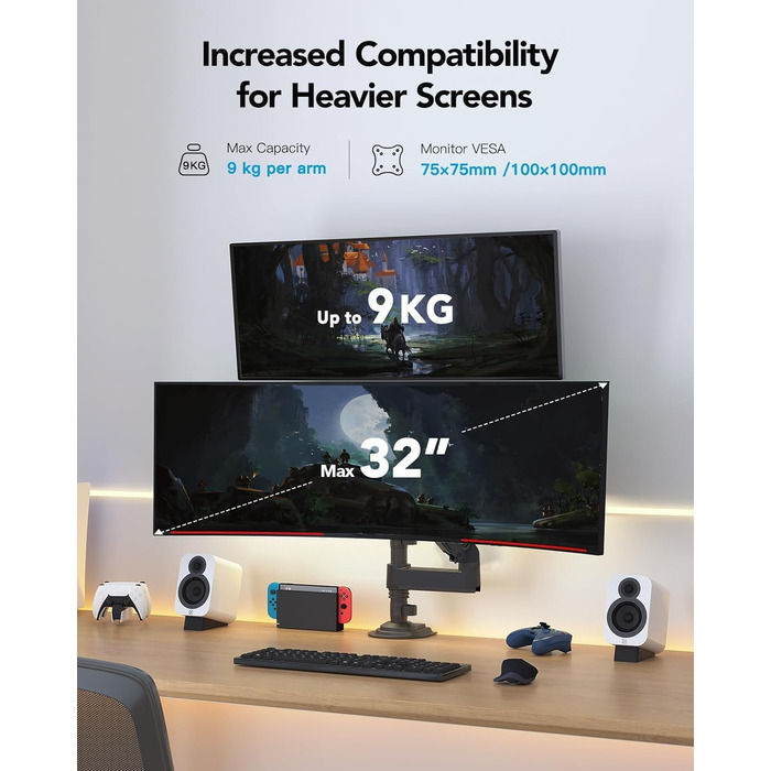 Кріплення для монітора HUANUO - 2 монітори, 13-32 дюйми, для геймінгу, регулювання висоти, настінна, VESA 75/100mm
