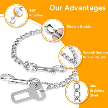 Нашийник для собак з ланцюгом, 53 см, автомобільний ремінь безпеки для собак, нержавіюча сталь 304, нашийник для собак, безпечний для маленьких/великих собак, котів