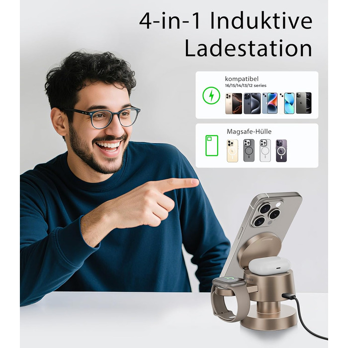 База для бездротової зарядки 4-в-1 для iPhone 17/16/15/14 Pro Max з нічним світлом, сумісна з Apple Watch та AirPods (Золота)