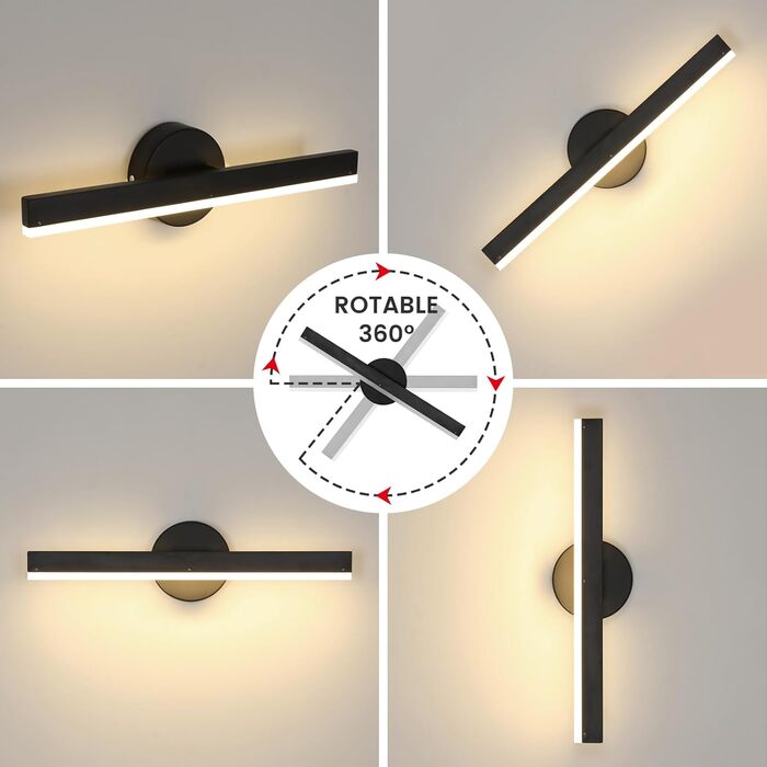 LED дзеркальна лампа Riserva 12W для ванної кімнати, поворотна 300°, 38 см, чорний колір, 3000K, для туалетного столика
