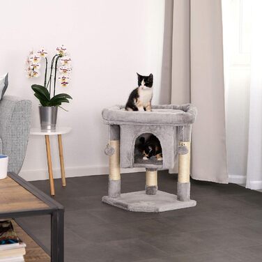 Lionto Scratching Post for Cats with Cave & 2 Plush Balls including Bell, Height 60 cm, Cat Tree with Robust Sisal Rope & Soft Plush, Cozy Lying Area, for Small & Large Cats, Light Grey