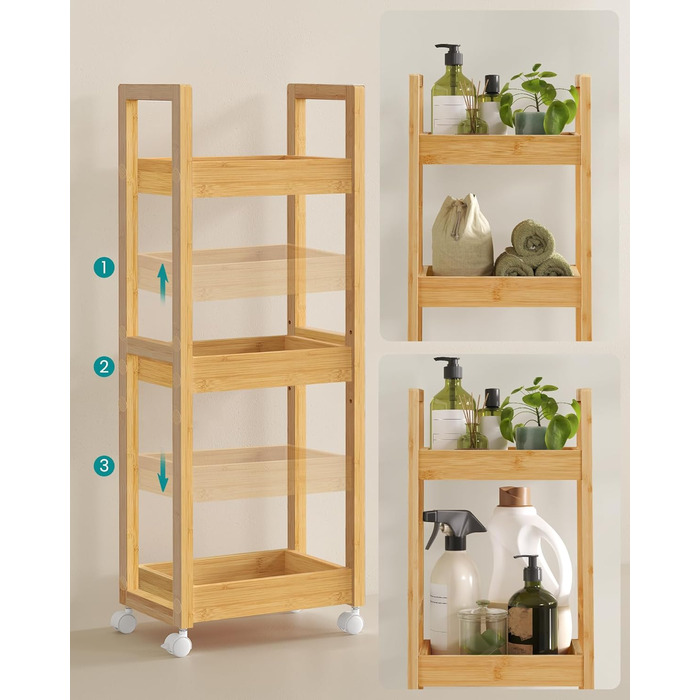 SONGMICS Rolling Cart, Bathroom Shelf, 3-Tier Bathroom Organizer, Bamboo Nook Shelf, Narrow Shelf, Rolling Utility Cart, Space-Saving, 20 x 30 x 80 cm, White BCB083W01 (Natural Beige)