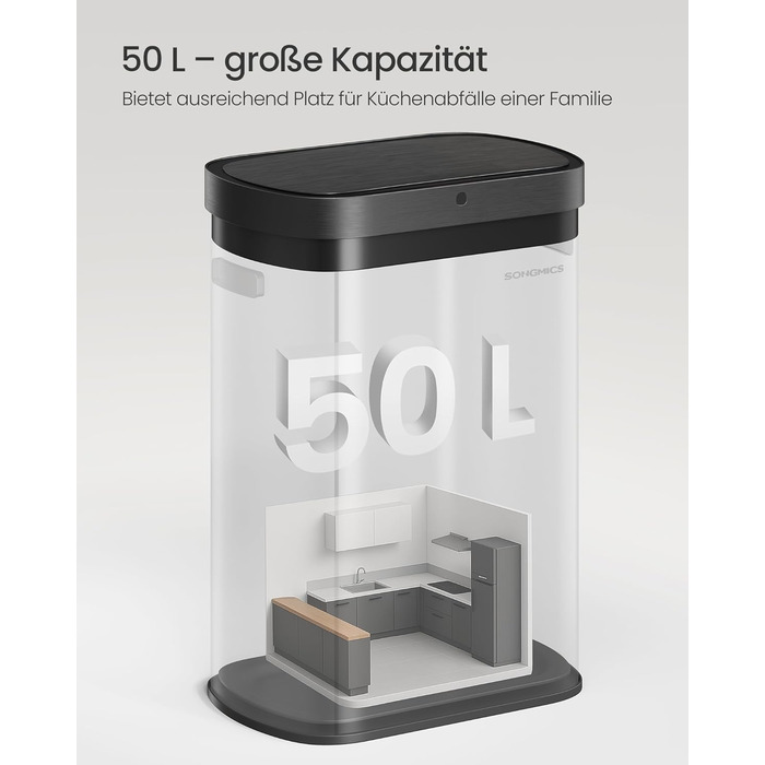 Сміттєвий бак SONGMICS з сенсором 50л, автоматичний, сталевий, чорний - LTB640B02