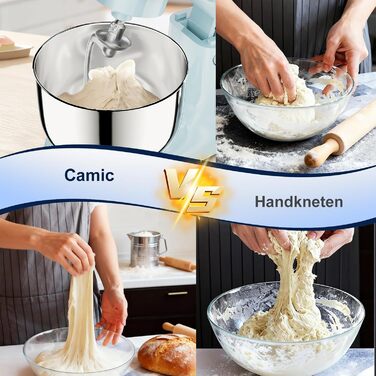 Кухонний комбайн-міксер Camic з LED-дисплеєм, 10 швидкостями та 2 чашами з нержавіючої сталі (4Л та 5Л), набір з 3 аксесуарів для тіста, хліба та тортів, синій