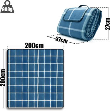 Плед для пікніка BigDean 200x200 см водонепроникний, клітинка блакитна - великий плед для пляжу, саду, парку