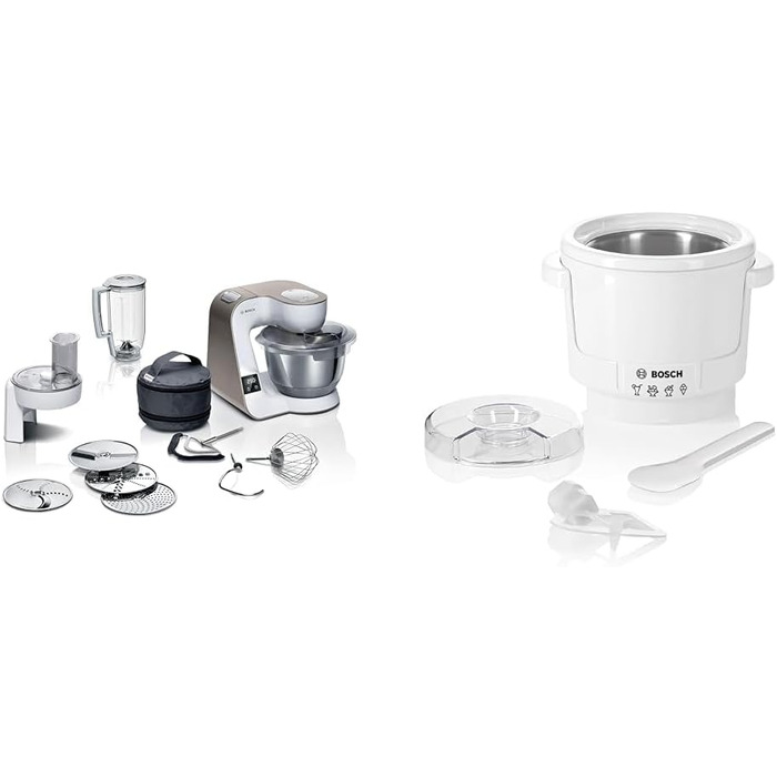 Bosch Kitchen Machine Series 4 MUM5XW20, 3.9 L Stainless Steel Bowl & MUZ5EB2, 550ml, Homemade Ice Cream, Sorbet, and Frozen Yogurt, White, Compatible with Kitchen Machine Series 4 White / Champagne 2-Piece Accessory Bundle with Ice Cream Maker