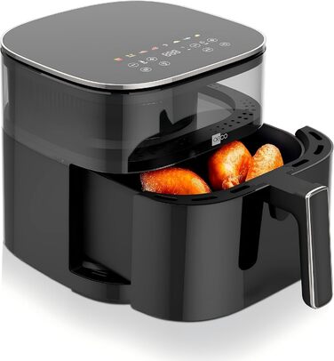 AECO TOUCH аерофритюрниця 5,7 л з підсвіченим 270° оглядовим вікном, цифровим сенсорним дисплеєм, 1700 Вт, 8 програм, регулювання температури 80–200°C, з рецептурником