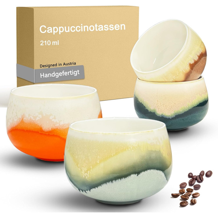 Набір кавових чашок Капучіно, 4 шт., 210 мл, порцеляна, ручна робота, без ручки, для лате макіато, сумісність з посудомийною машиною