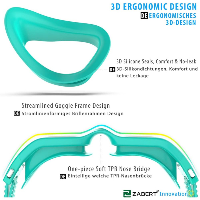 ZABERT W1 Adult Swimming Goggles for Men and Women, Anti-Fog, UV Protection, Waterproof, Adult Unisex, Teens #012. Blue-Green White Teal | Clear Lenses