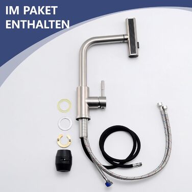 Кухонний змішувач AIMADI висувний з 3-ма режимами, з душовою насадкою, 38 см, однорідний, для холодної та гарячої води, для раковини та кухонного острова, з нержавіючої сталі, водоспад, матовий нікель