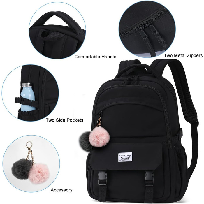 Шкільний рюкзак для підлітків: водонепроникний, з відділенням для ноутбука 15.6 дюймів, легкий, чорний