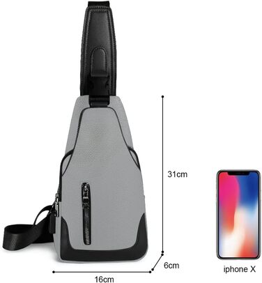 Чоловіча нагрудна сумка Brusttasche, Crossbody з USB-зарядкою, Оксфорд, водонепроникна, для спорту, роботи, подорожей (#6 A-grau)