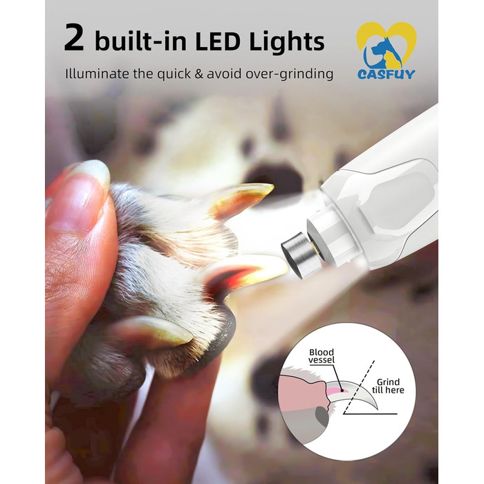 Електричний точилка для кігтів собак Casfuy - 6 режимів, 45 dB, з LED-підсвічуванням, для великих, середніх та малих собак, з захистом від пилу (білий)