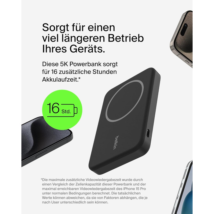Belkin BoostCharge Pro Powerbank 5000mAh з Qi2 та MagSafe, чорний. Портативний зарядний пристрій з вбудованим підсвіткою, сумісний з iPhone 17, iPhone Air, iPhone 16, 15, 14, Pixel та ін.