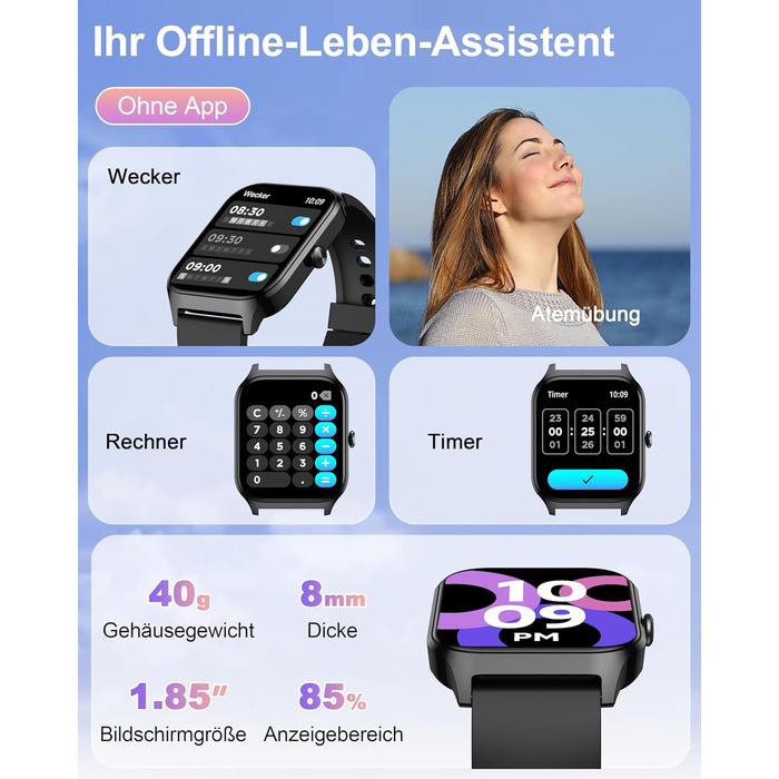 Розумний годинник Popglory для жінок та чоловіків, 100+ спортивних режимів, моніторинг здоров'я 24/7, Bluetooth, вимірювання тиску, пульсу, стресу, сну, будильник, калькулятор, крокомір, сумісний з Android та iOS, чорний