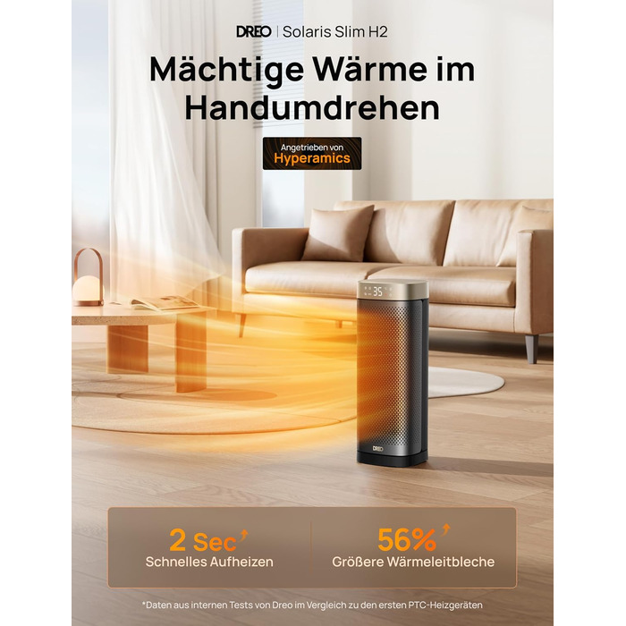 Електричний обігрівач DREO Solaris Slim H2, 2000W, керамічний, з термостатом, таймером, осциляцією, захистом від перегріву та нахилу, золотий