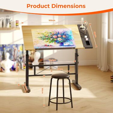 Adjustable Drafting Table with Tilt - 0-60° - Drawing Table, Computer Desk with Stool & Storage Cabinets - Wood Finish