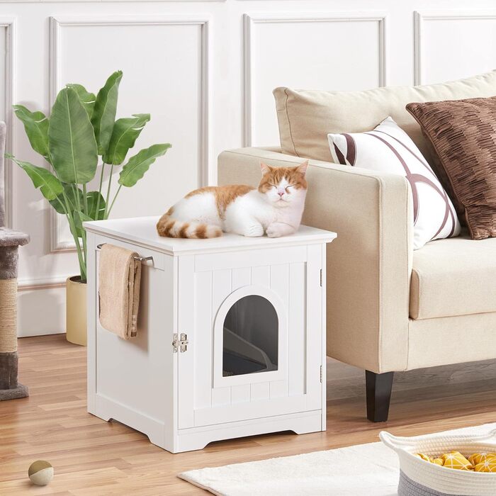 Yaheetech Cat House Cat Cave White Enclosed Cat Toilet with Entrance & Towel Holder Cat Litter Box Cabinet for Cats Dogs Pet 48.5 x 51 x 51.5 cm, White