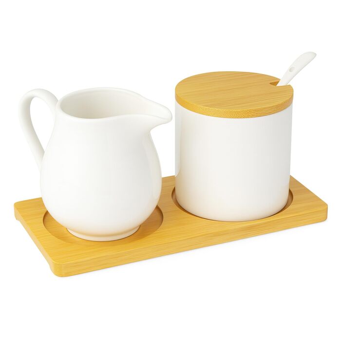 Набір для молока та цукру з кришкою та ложкою: глечик для молока з кераміки та цукорниця з дерев'яним підносом, придатний для миття в посудомийній машині та використання в мікрохвильовій печі (білий)