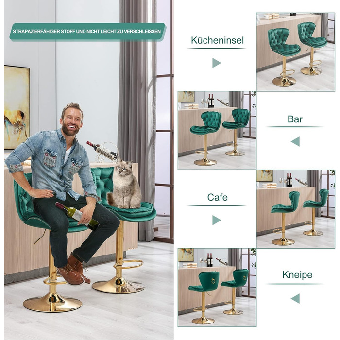 Emerald Velvet Bar Stools - Set of 2 | Adjustable Swivel Barstools for Kitchen & Home Bar