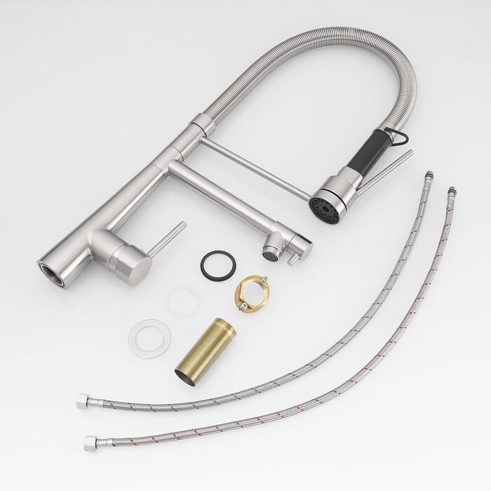 LED кухонний змішувач зі спіральною пружиною, 360° обертання, двотрубний, висувний, для кухні, з душем, високий тиск, нікель, LED, матовий нікель