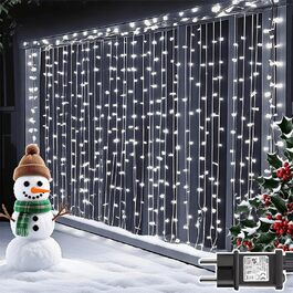 Лампочки-завіса для декору інтер'єру та екстер'єру 300 LED, 3x3м, різдвяне освітлення, 8 режимів, таймер, вологостійка, для вікна, стіни, вечірки, шлюбу, холодний білий
