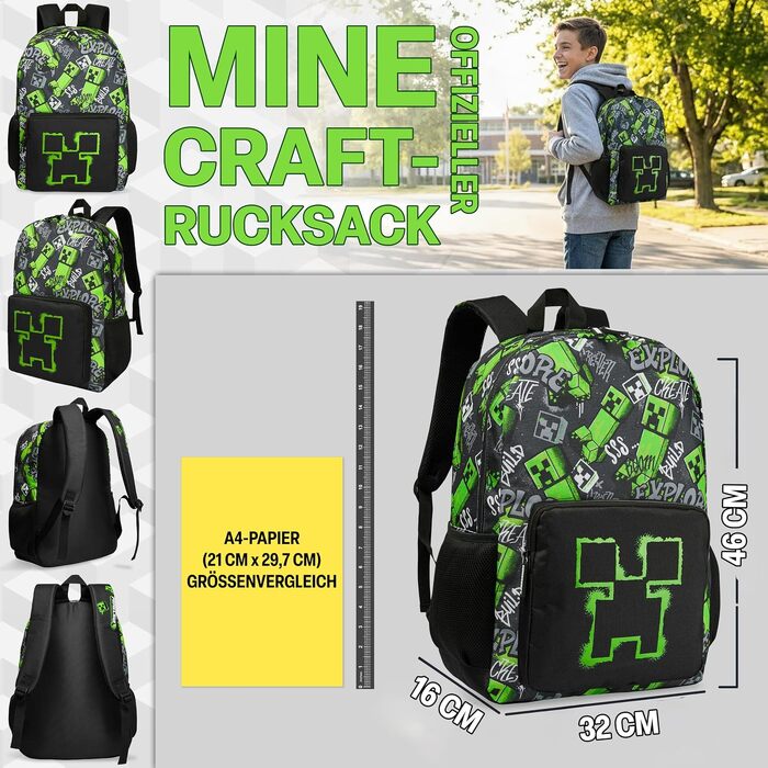 Дитячий рюкзак Minecraft Creeper для хлопчиків, шкільний рюкзак для спорту та прогулянок з відділеннями на блимавці, чорний, 40 x 29 x 17 см