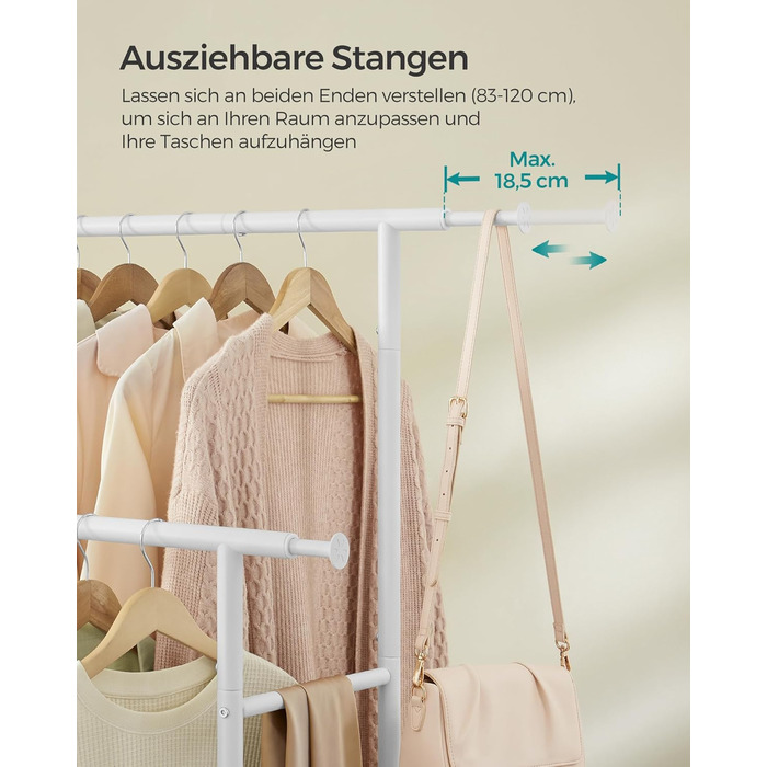 SONGMICS Clothes Rack with 2 Clothes Rods, Extendable Wardrobe Rail, with Wheels, Coat Rack, Height Adjustable between 113 and 180 cm, Lower Rod Adjustable, LLR401R01 (Cloud White, 120D x 50W x 156H cm)