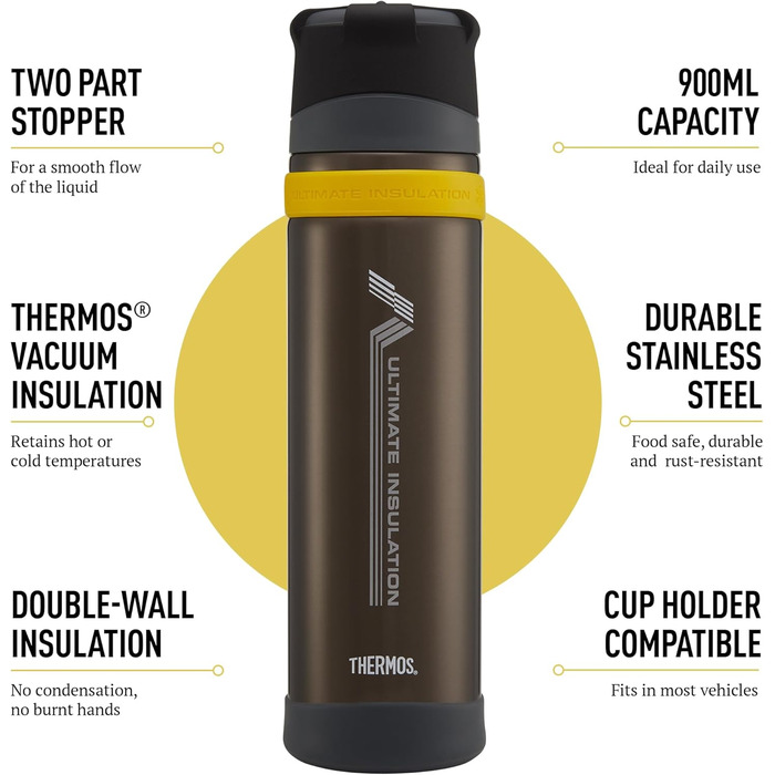 Термос Mattschwarze Ultimate Flask (900 мл), чорний матовий, з нержавіючої сталі, для гарячих та холодних напоїв, вакуумна ізоляція, без витоку, 900 мл