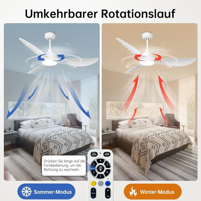 Стеляний вентилятор Reiga з підсвічуванням та пультом дистанційного керування 132 см, тихий реверсивний двигун, 6 швидкостей, таймер, регульована яскравість та 3 колірні температури, світло-коричневі лопаті (білий, з пультом)