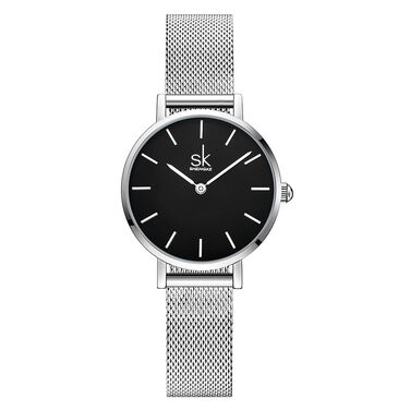 SK Ультратонкі мініатюрні жіночі годинники з двома стрілками. Елегантні годинники для жінок з шкіряним ремінцем (срібляста сітка)