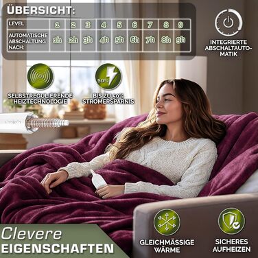 Електрична гріюча ковдра Sinnlein® з плюшу 200x180 см | 9 температурних режимів, таймер, автовимкнення | Зручна ковдра, прання до 40°C, цифровий дисплей, бордовий колір
