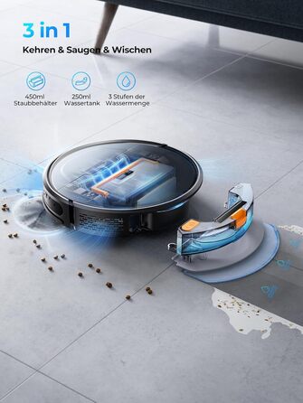 Робот-пилосос Laresar з функцією миття, 4500Pa, 3-в-1, з пультом дистанційного керування, 180 хвилин роботи, для тварин, килимів, твердих підлог, чорний