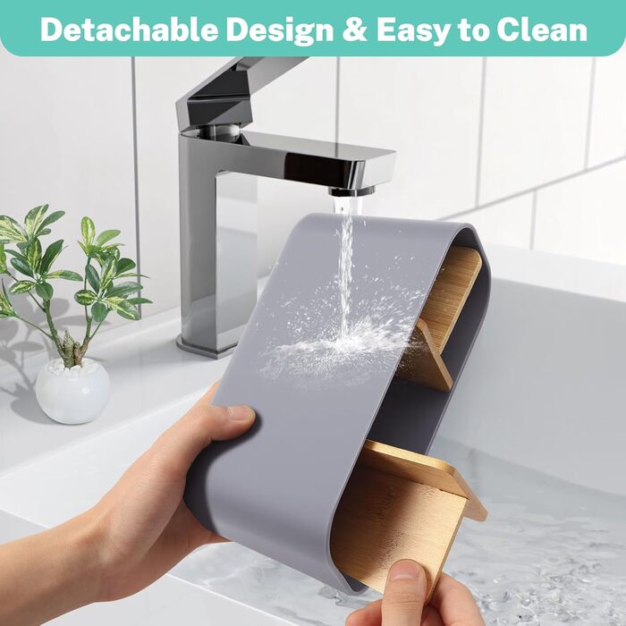 Тримач для зубних щіток з бамбуковими перегородками, сірий. Організатор для зубних щіток та пасти (4 щітки + 1 для пасти)