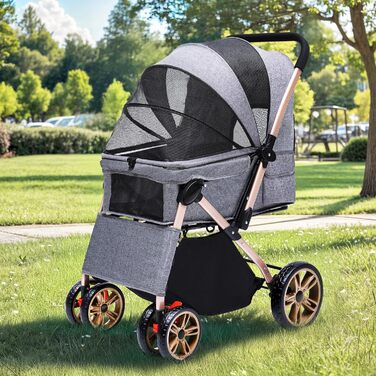 Візок для собак DWVO 3-в-1: візок, переноска, сумка. До 22 кг, EVA-колеса, сітчасті вікна, сірий (58.5x76x105cm)