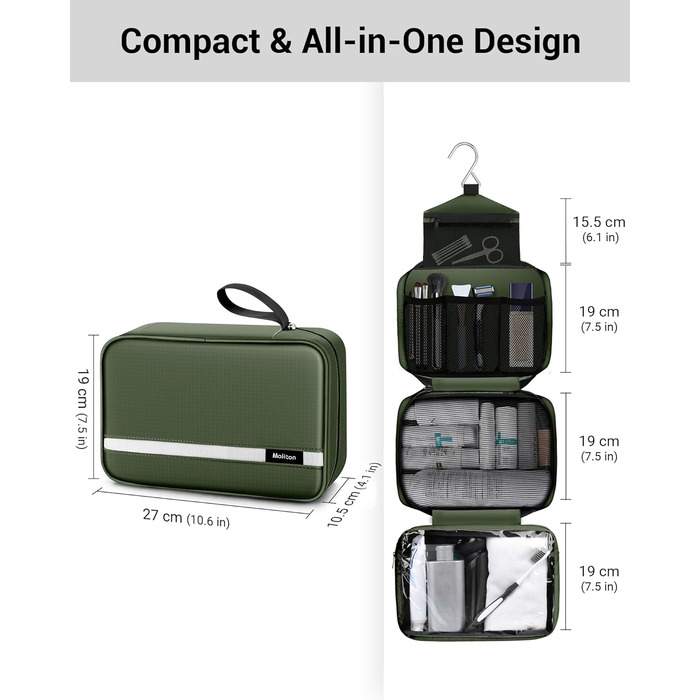 Сумка для туалетних речей Maliton: велика, водонепроникна, з 4 відділеннями | Косметичка для подорожей, спорту, плавання | Складана, компактна (Qlive-green)