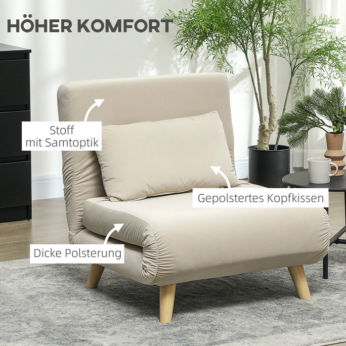 Крісло-ліжко HOMCOM, розкладне крісло з функцією ліжка, декоративні подушки, розкладне крісло для відпочинку з регульованою спинкою, обтягнуте тканиною з ефектом оксамиту, для вітальні, Бежевий | Aosom