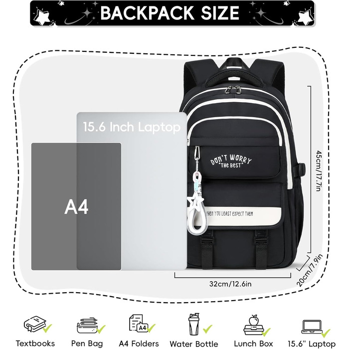 Шкільний рюкзак Tanou для підлітків, рюкзак для школи, великий шкільний ранець для дівчаток 4-12 класів, водонепроникний, зручний денний рюкзак для початкової, середньої та вищої школи (Чорний)