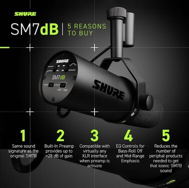 Мікрофон Shure SM7dB - динамічний вокальний мікрофон для радіо, подкастів та запису, XLR, теплий звук