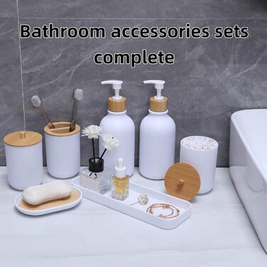 Набір аксесуарів для ванної кімнати, 7 предметів, бамбук, білий дозатор для мила та тримач для зубних щіток, контейнер для ватних паличок, сеанс макіяжу, мильниця, сучасна декор для ванної кімнати, білий/розкішний сад