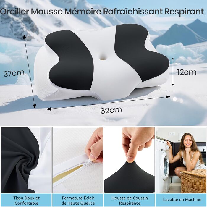 Подушка для шиї DONOMA з піни Memory Foam, ортопедична для сну на боці, спині та животі (чорна, прямокутна, 62x37x12 см)