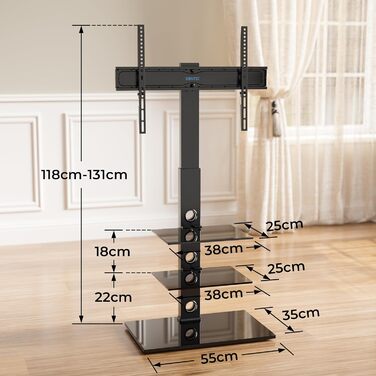BONTEC TV Stand for 30-70 inch LED OLED LCD Plasma TVs - Adjustable Height, 3-Tier Tempered Glass Shelves, VESA 600x400, 40kg Capacity, Black